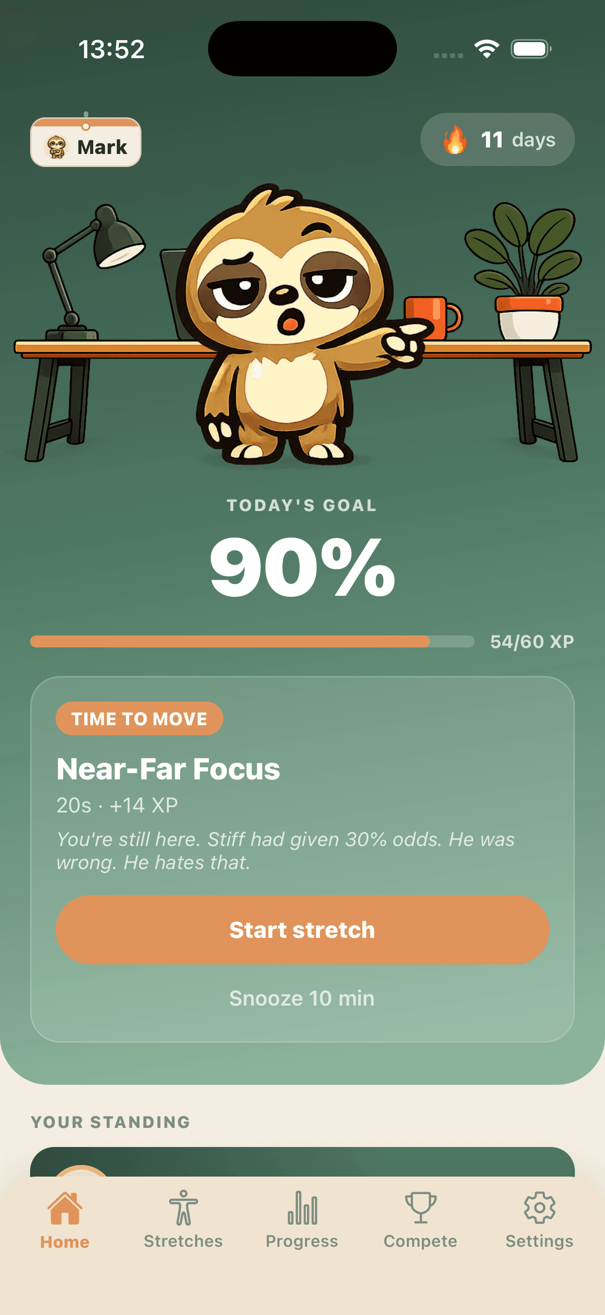 Stiff app home screen showing the sloth mascot, today’s goal, streak, and a stretch reminder