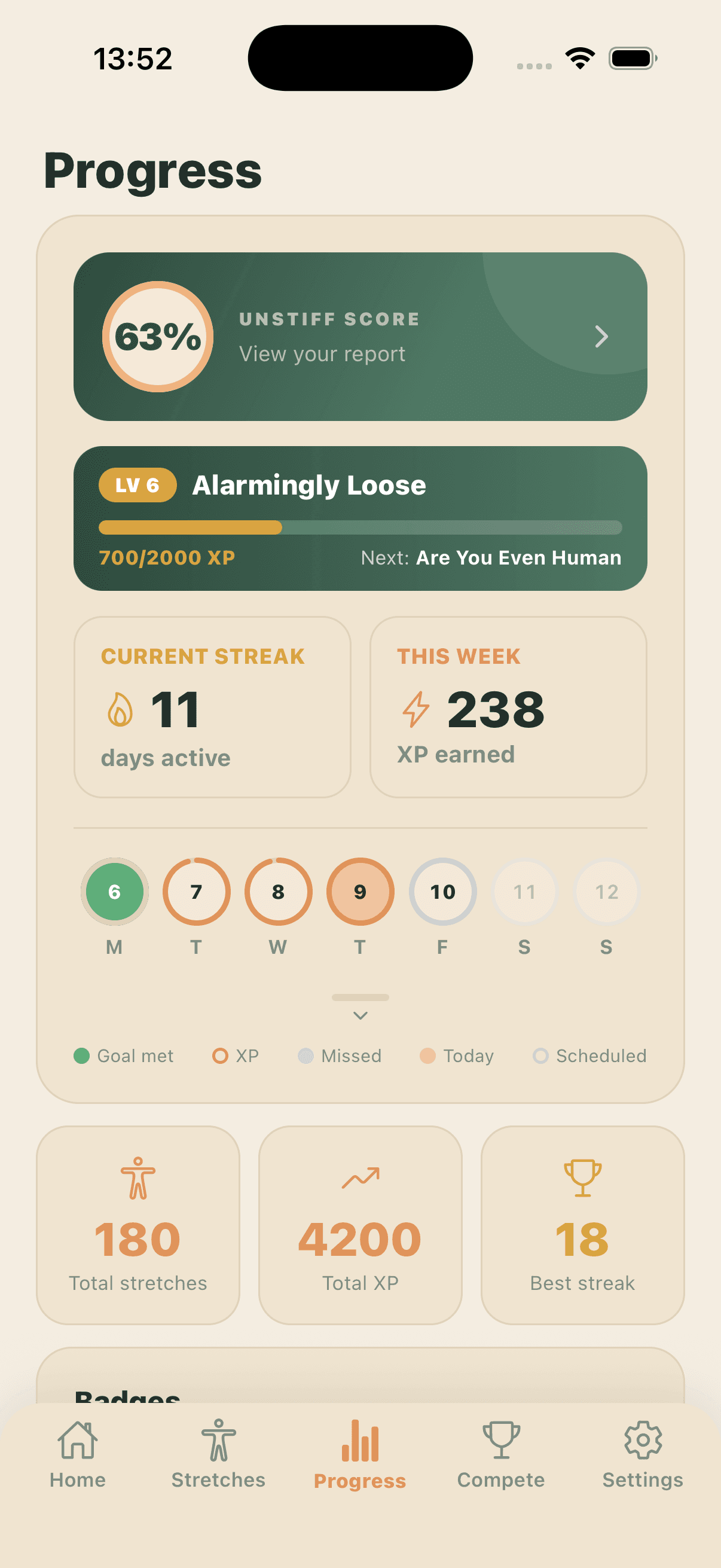 Stiff progress screen with streak, XP, level, and weekly calendar