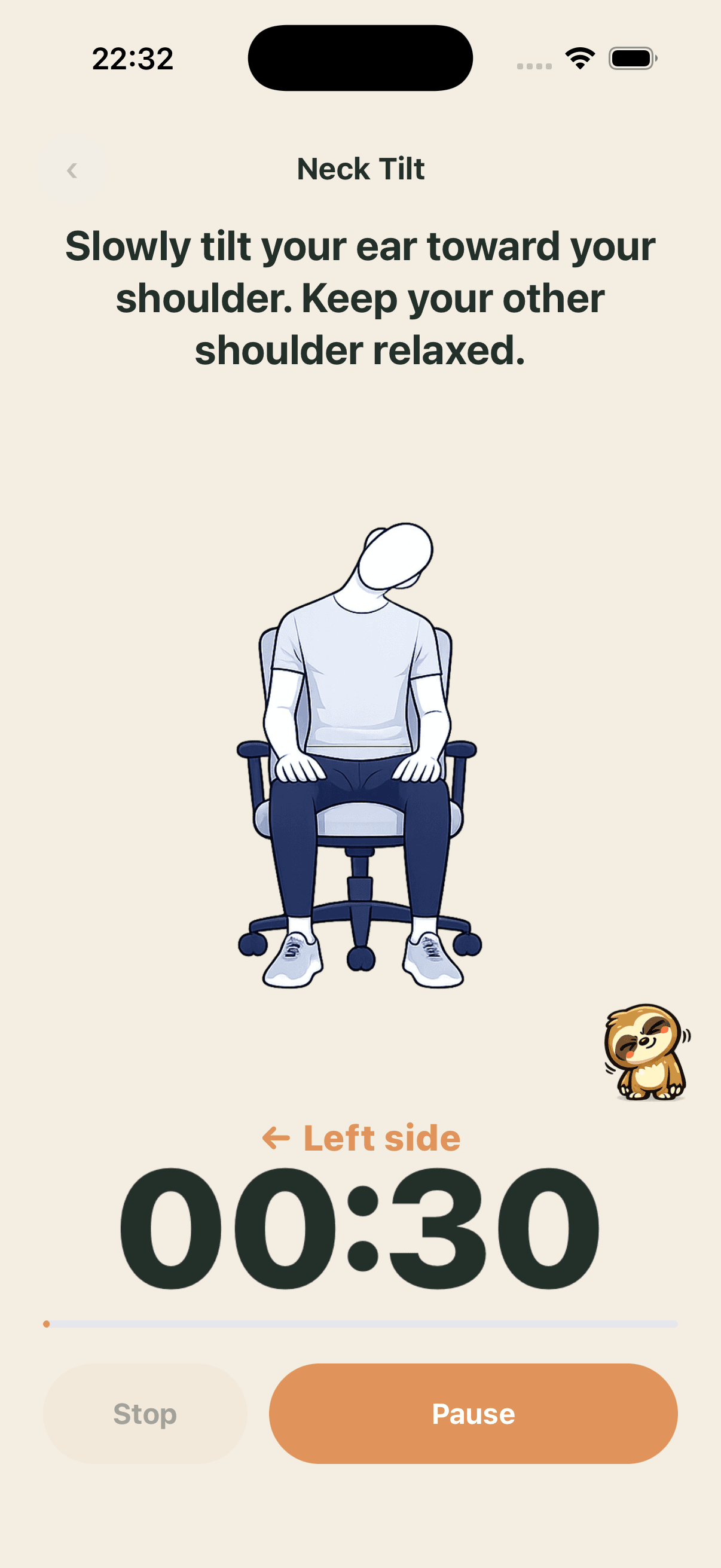 Guided neck tilt stretch in the Stiff app with a 30-second timer