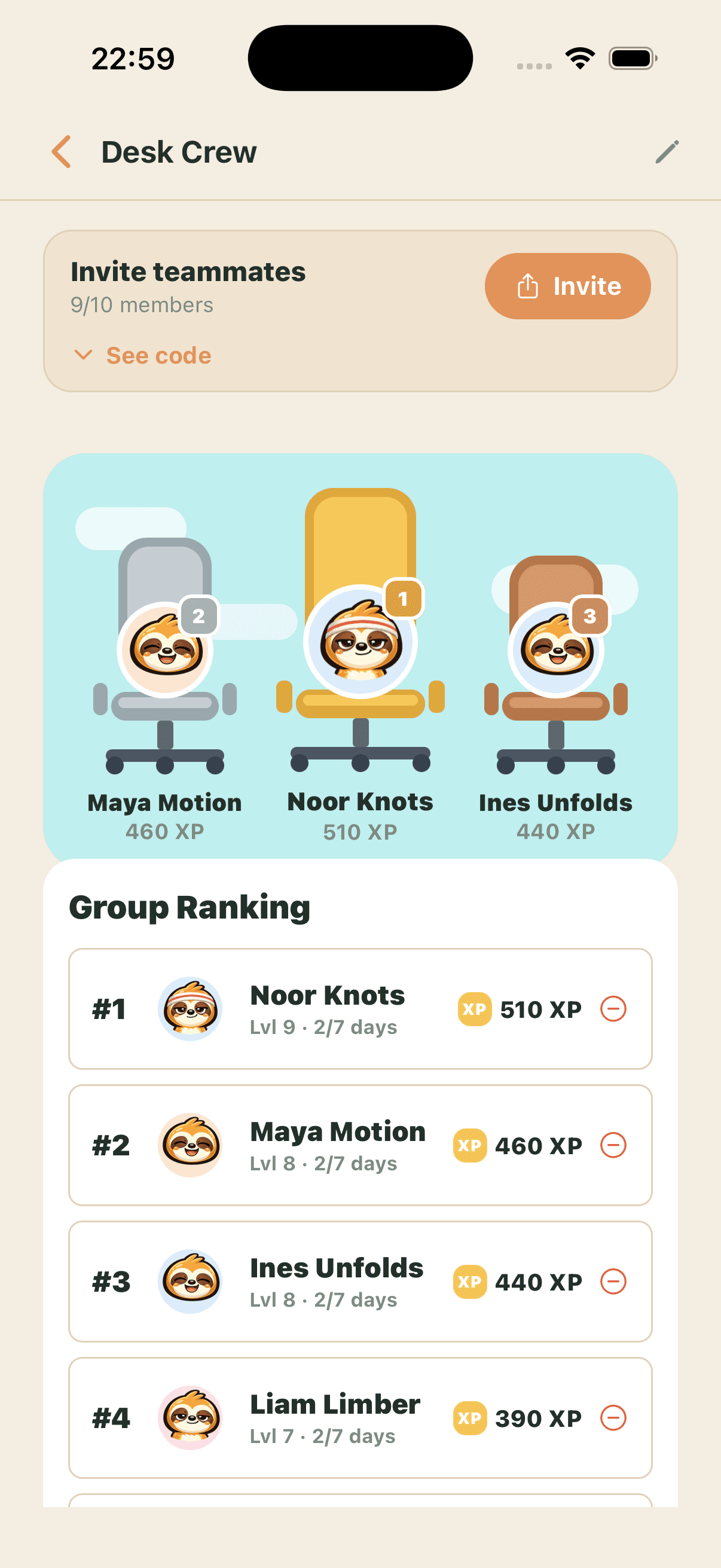 Stiff team leaderboard ranking group members by weekly XP
